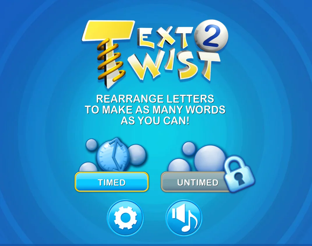 Text Twist 2 game start interface, showcasing the game's fresh blue theme design